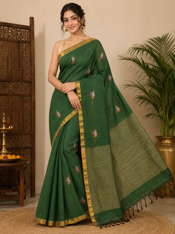 Bottle_Green_Linen_saree