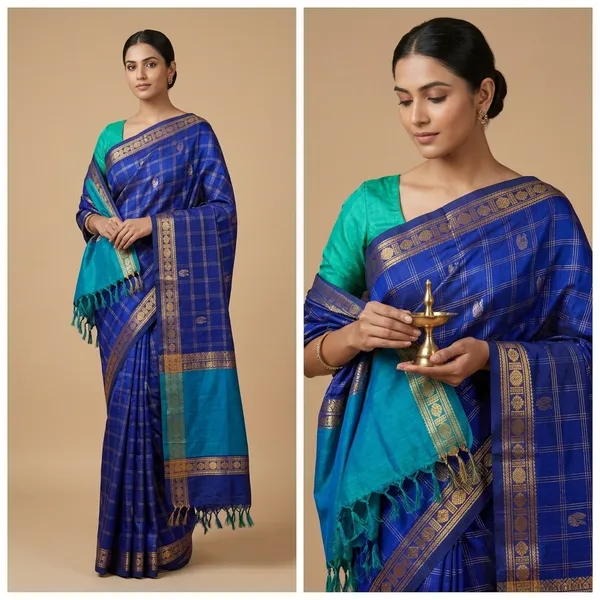 Blue_Checks_Ragini_Cotton_Silk_Saree_With_Contrast_Teal_Pallu_And_Zari_Border