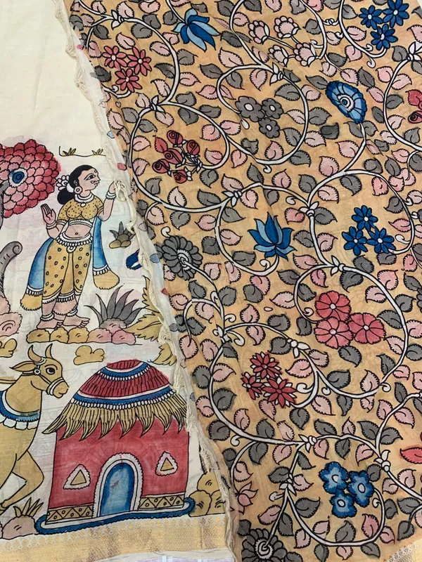 Cream_Kalamkari_Saree_Pen_Art_Cotton_Silk_Ragini_Saree
