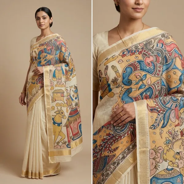 Cream_Kalamkari_Saree_Pen_Art_Cotton_Silk_Ragini_Saree