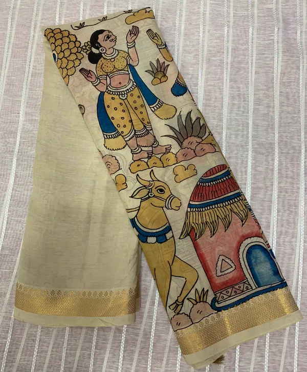 Cream_Kalamkari_Saree_Pen_Art_Cotton_Silk_Ragini_Saree