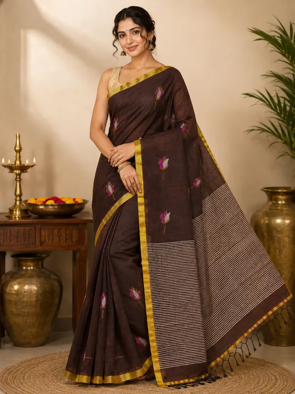 Chocolate_Brown_Linen_cotton_saree