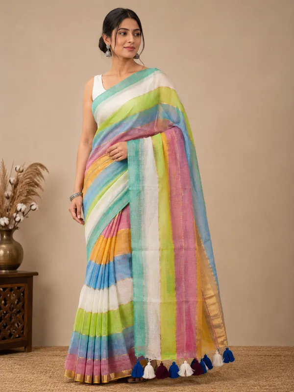 Cream_multicolour_mulcotton_saree