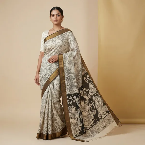Cream_Pen_Kalamkari_Saree