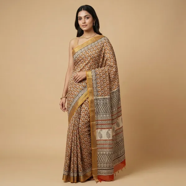 Earthy_Mustard_Brown_Linen_Saree