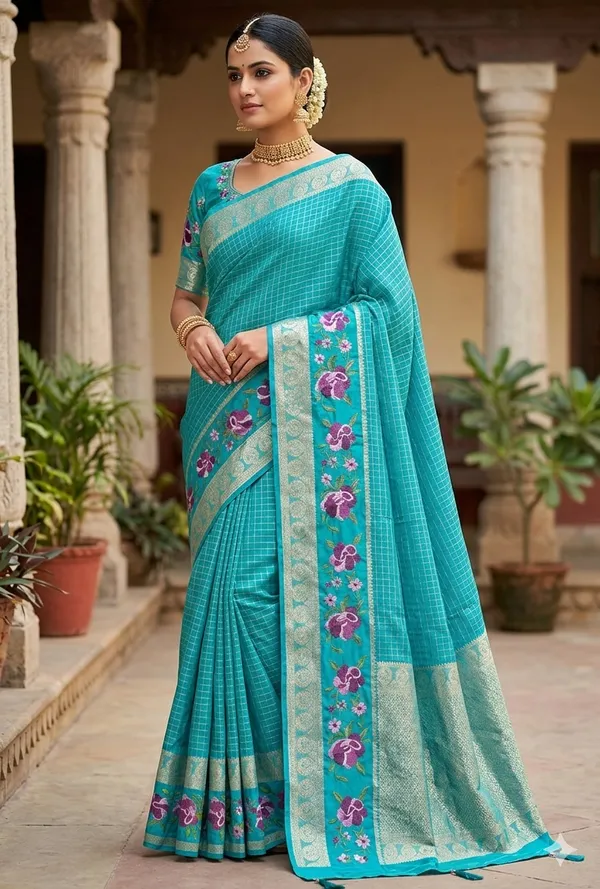 Turquoise_blue_Semi_crepe_Saree