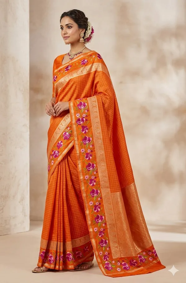 orange_checksSemi_crepe_saree