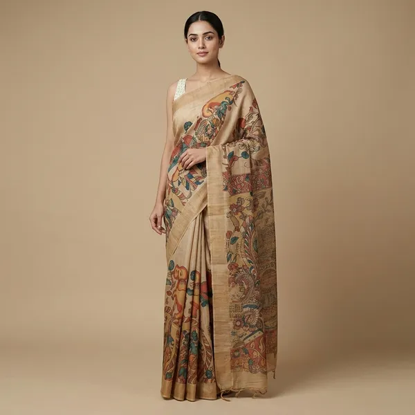Beige_Pen_Kalamkari_Saree