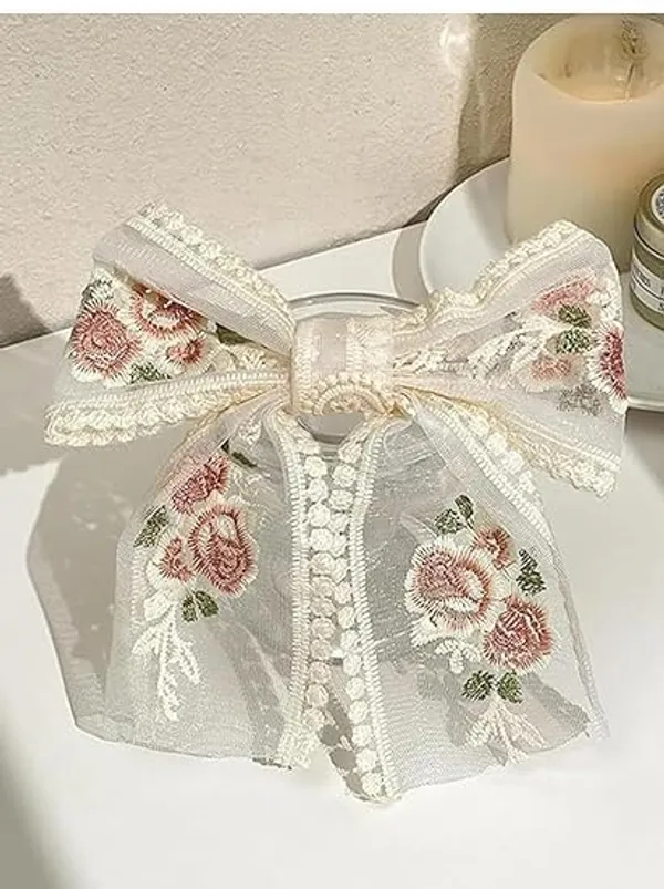 Lace_Flower_Bow_Hair_Clip_With_Ribbon