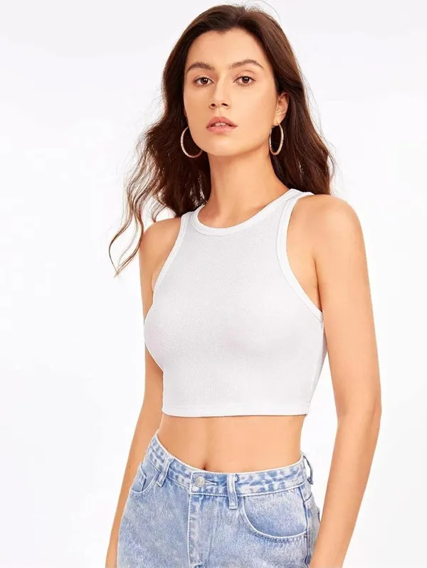 White_Cotton_Slim_Fit_Ribbed_Crew_Neck_Crop_Tank_Top_For_Women