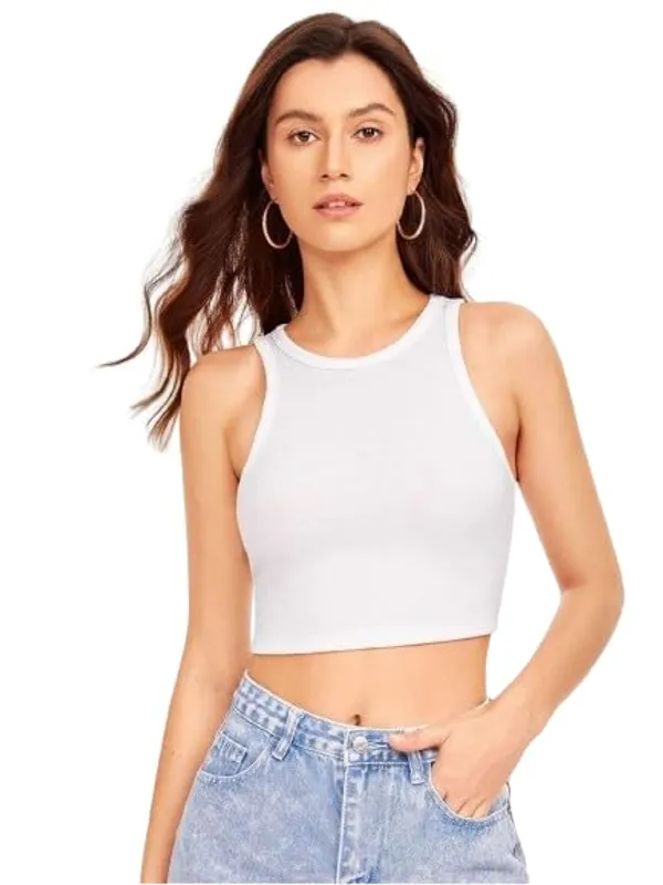 White_Cotton_Slim_Fit_Ribbed_Crew_Neck_Crop_Tank_Top_For_Women