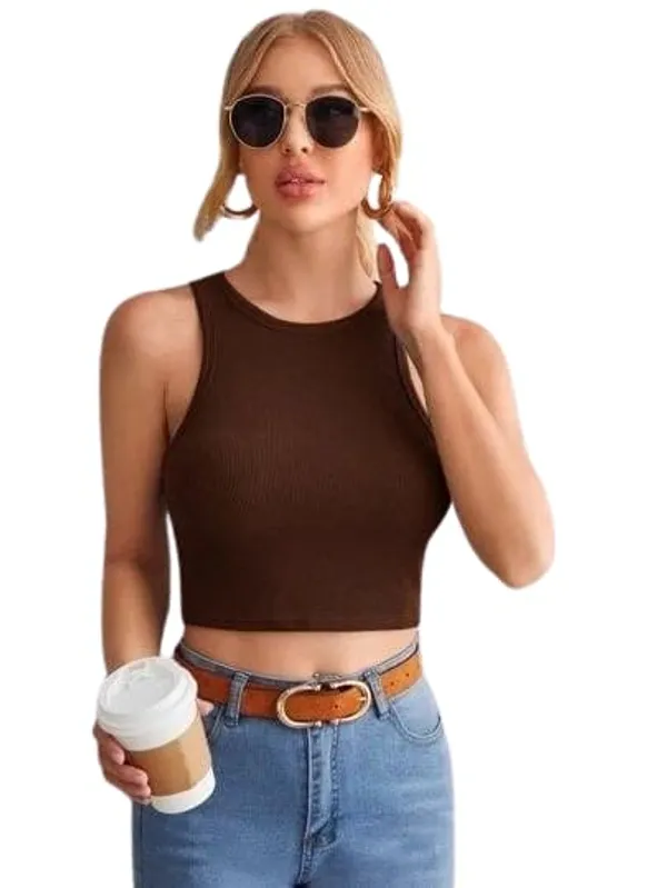 Brown_Cotton_Ribbed_Slim_Fit_Crew_Neck_Crop_Tank_Top_For_Women