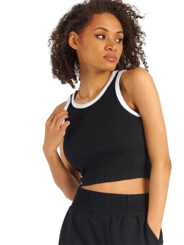 White_Black_Cotton_Slim_Fit_Ribbed_Crew_Neck_Crop_Tank_Top_For_Women