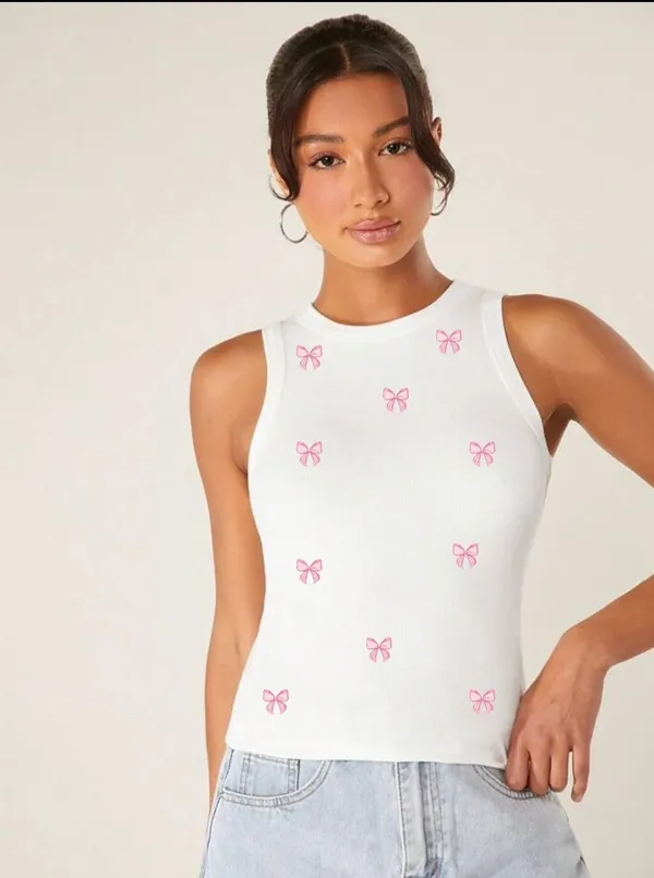 White_Cotton_Ribbed_Slim_Fit_Bow_Print_Tank_Top_For_Women
