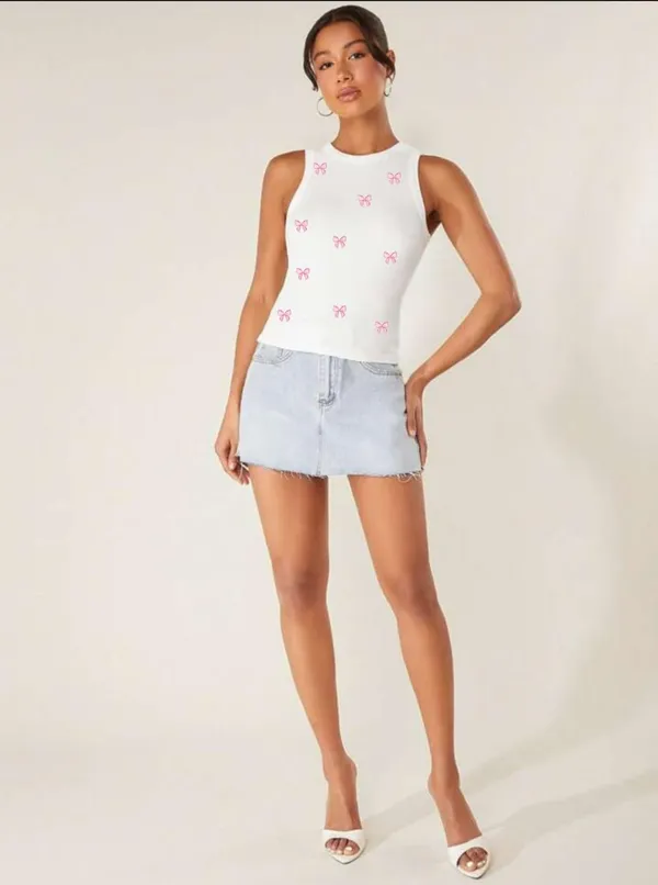 White_Cotton_Ribbed_Slim_Fit_Bow_Print_Tank_Top_For_Women