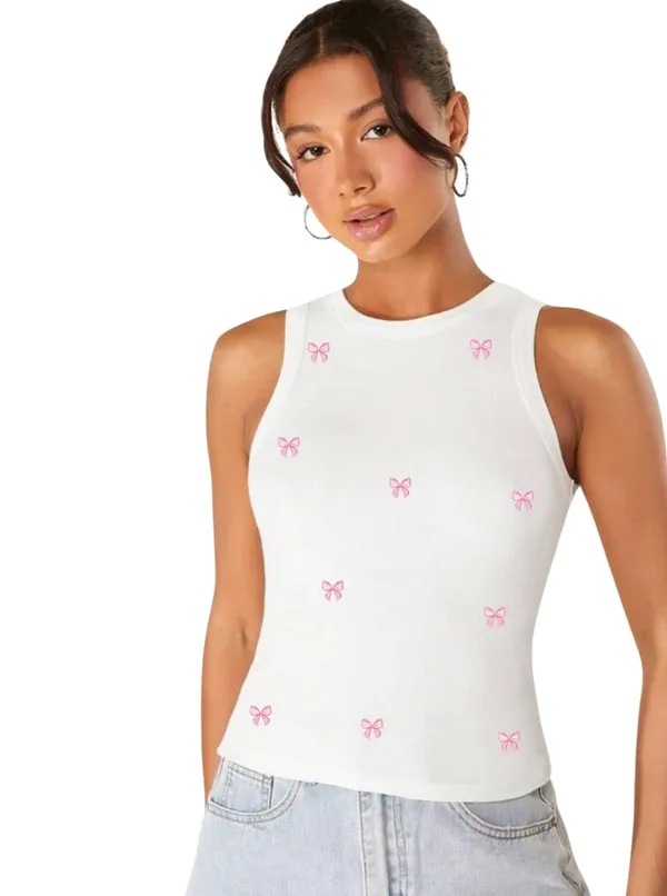 White_Cotton_Ribbed_Slim_Fit_Bow_Print_Tank_Top_For_Women
