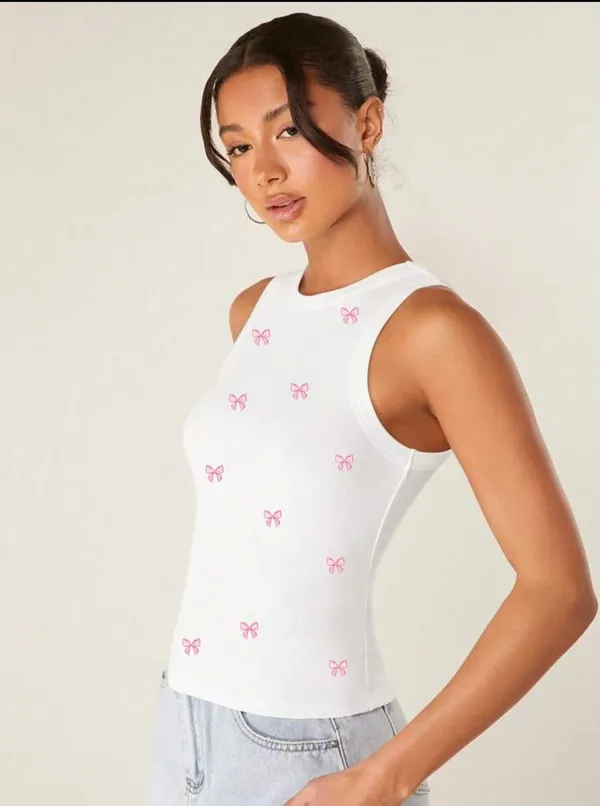 White_Cotton_Ribbed_Slim_Fit_Bow_Print_Tank_Top_For_Women