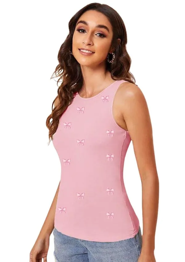 Pink_Cotton_Ribbed_Slim_Fit_Bow_Print_Tank_Top_For_Women