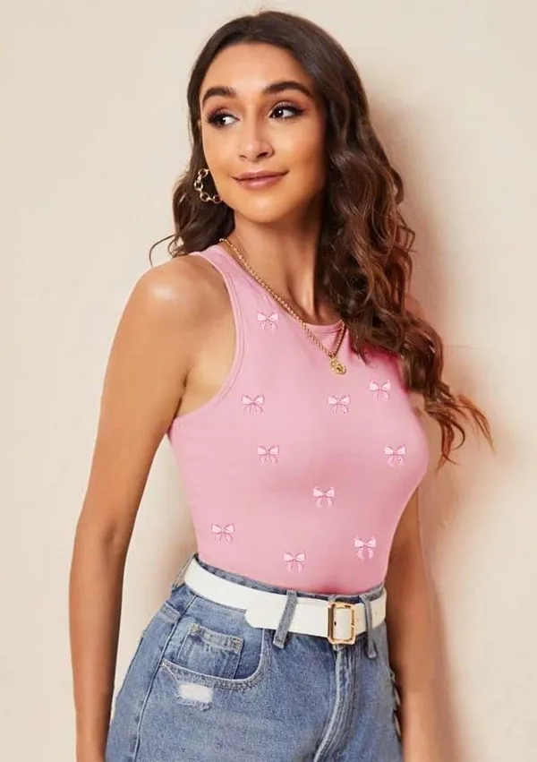 Pink_Cotton_Ribbed_Slim_Fit_Bow_Print_Tank_Top_For_Women