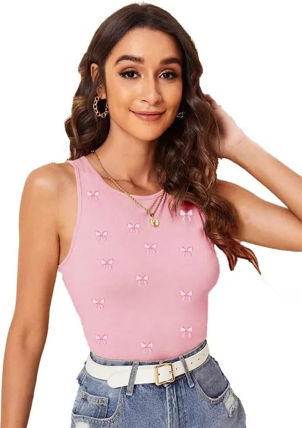 Pink_Cotton_Ribbed_Slim_Fit_Bow_Print_Tank_Top_For_Women