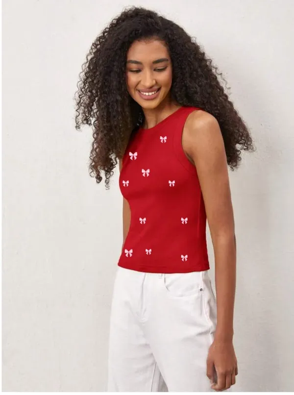 Red_Cotton_Ribbed_Slim_Fit_Bow_Print_Tank_Top_For_Women