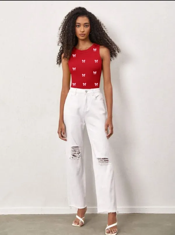 Red_Cotton_Ribbed_Slim_Fit_Bow_Print_Tank_Top_For_Women