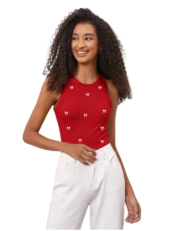 Red_Cotton_Ribbed_Slim_Fit_Bow_Print_Tank_Top_For_Women