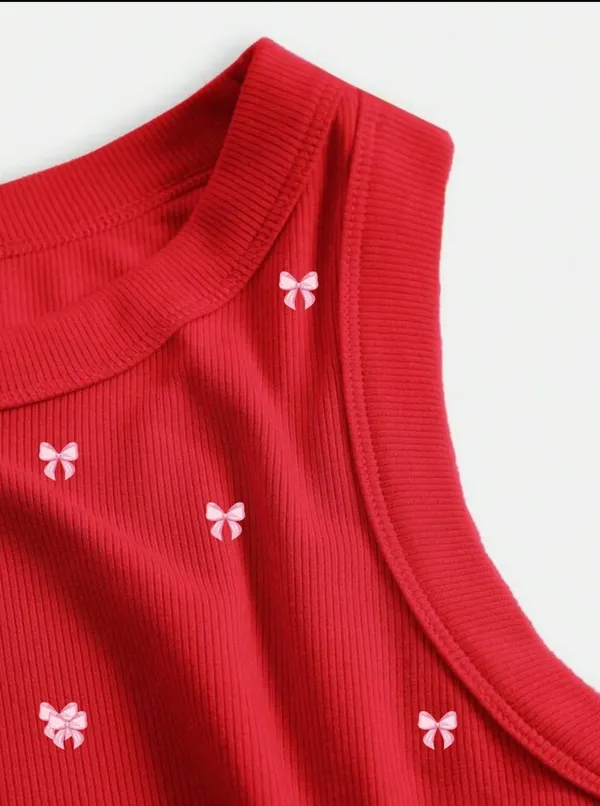 Red_Cotton_Ribbed_Slim_Fit_Bow_Print_Tank_Top_For_Women