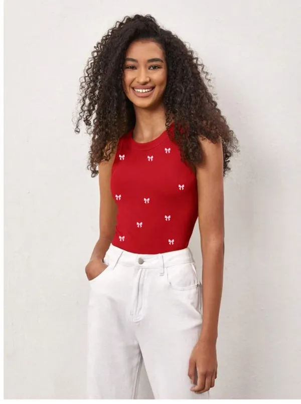 Red_Cotton_Ribbed_Slim_Fit_Bow_Print_Tank_Top_For_Women