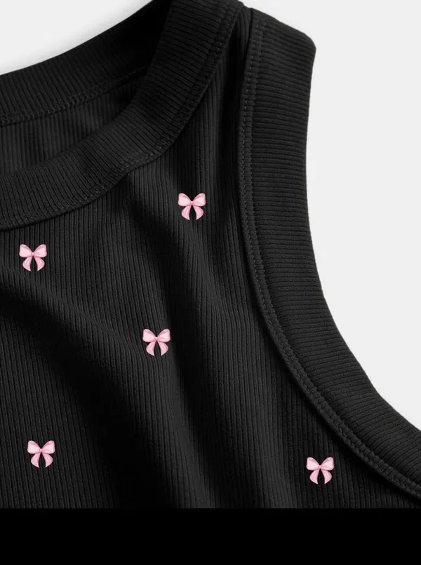 Black_Cotton_Ribbed_Slim_Fit_Bow_Print_Tank_Top_For_Women