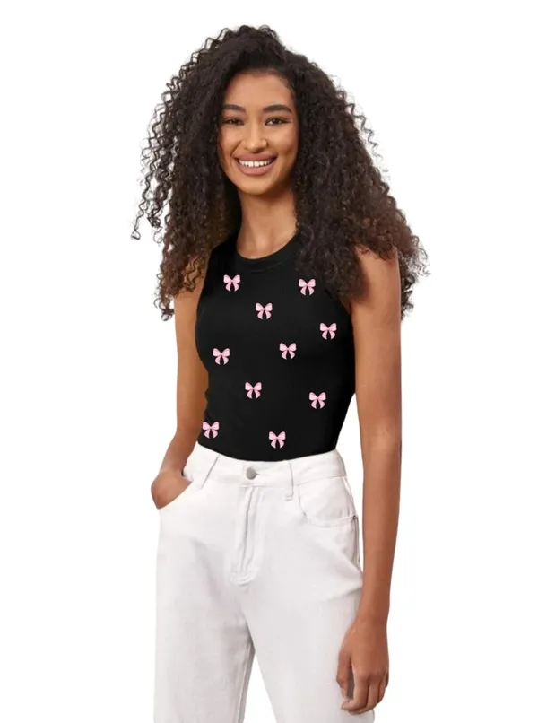 Black_Cotton_Ribbed_Slim_Fit_Bow_Print_Tank_Top_For_Women