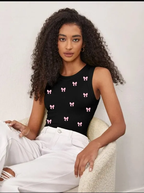 Black_Cotton_Ribbed_Slim_Fit_Bow_Print_Tank_Top_For_Women