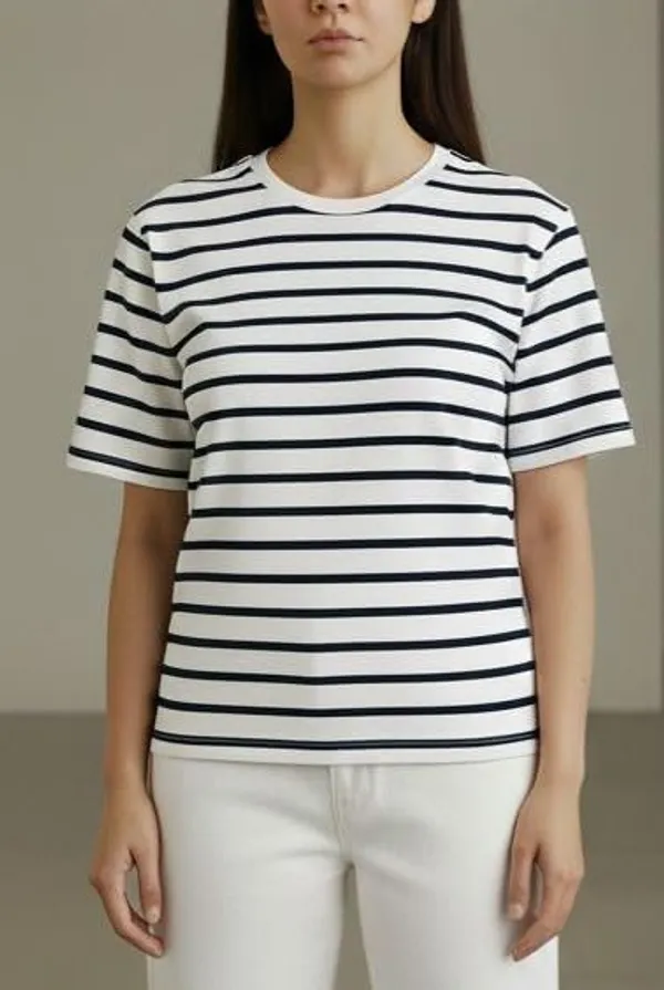 White_Cotton_Striped_Casual_T-Shirt_For_Women