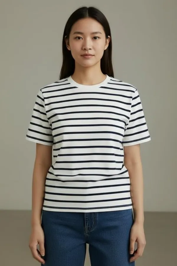 White_Cotton_Striped_Casual_T-Shirt_For_Women