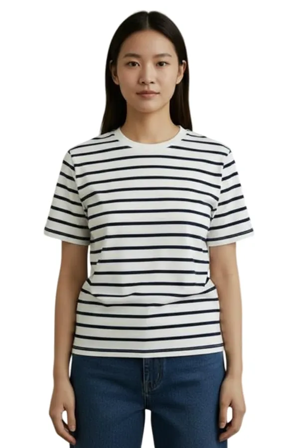 White_Cotton_Striped_Casual_T-Shirt_For_Women