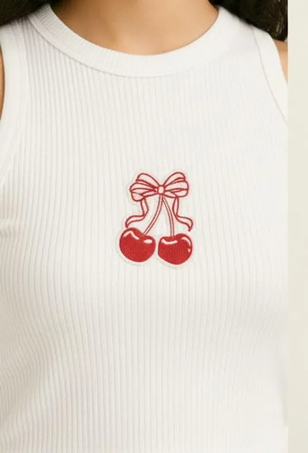 White_Cotton_Slim_Fit_Cherry_Print_Tank_Top_For_Women
