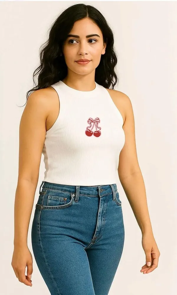 White_Cotton_Slim_Fit_Cherry_Print_Tank_Top_For_Women
