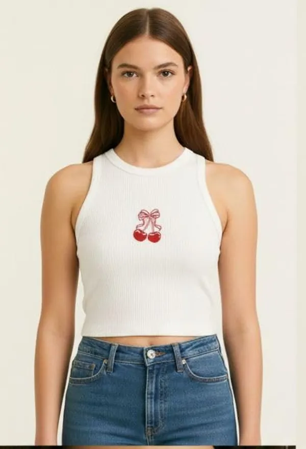 White_Cotton_Slim_Fit_Cherry_Print_Tank_Top_For_Women