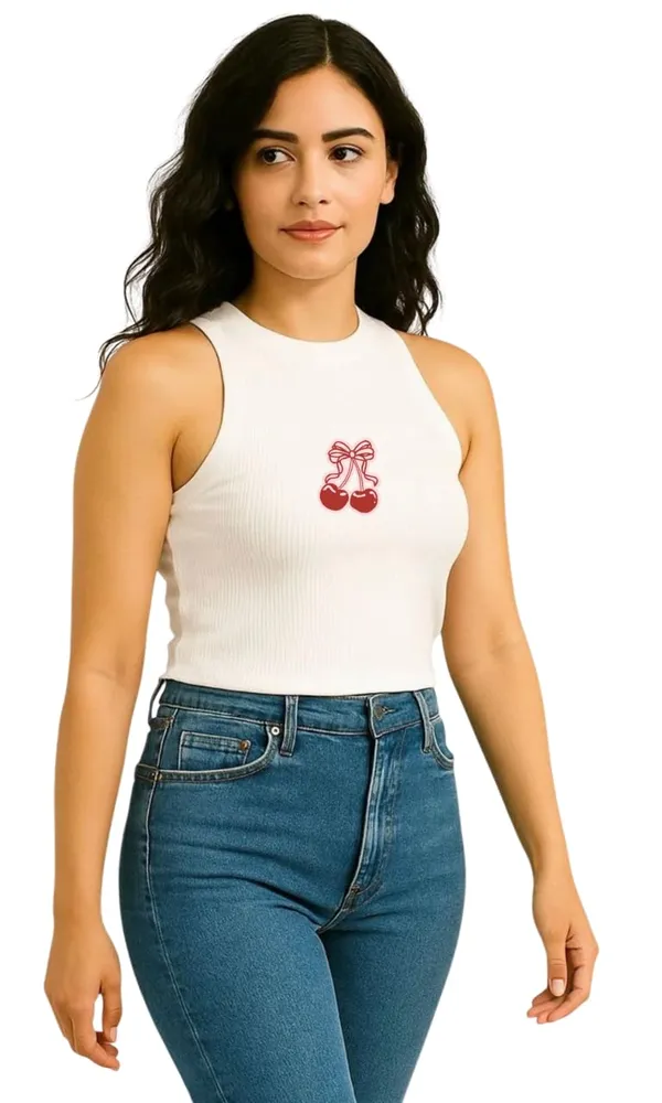 White_Cotton_Slim_Fit_Cherry_Print_Tank_Top_For_Women