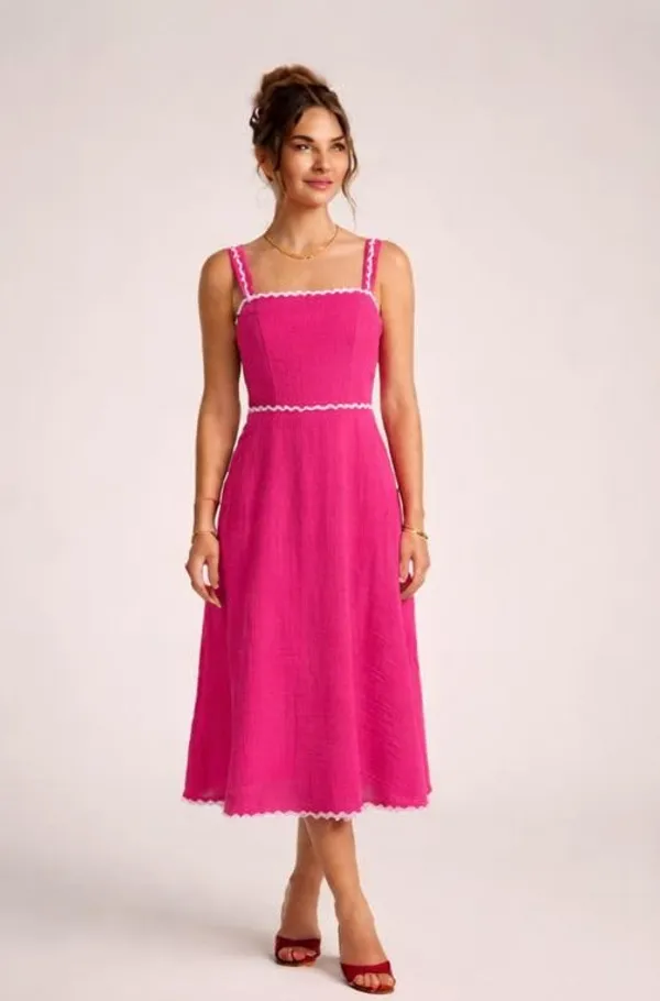 Hot_Pink_Cotton_Blend_Zig_Zag_Print_Midi_Dress_For_Women