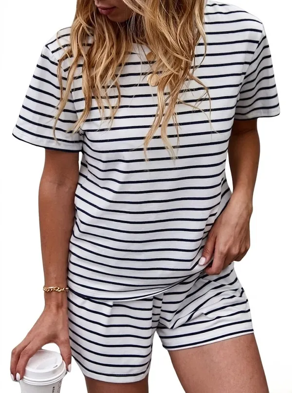 White_Cotton_Striped_Short_Sleeve_Pajama_Set_For_Women