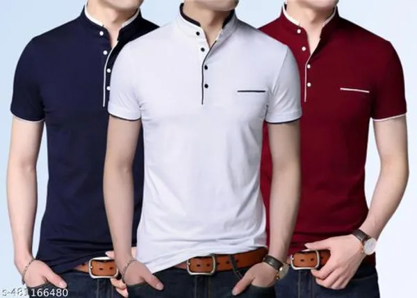 Lets_Shine_Stylish_And_Handsome_Mandarin_Collar_Half_Sleeve_T_Shirt_For_Men_Combo_Pack_Of_3_Colour_White_Mroon_Navyblue