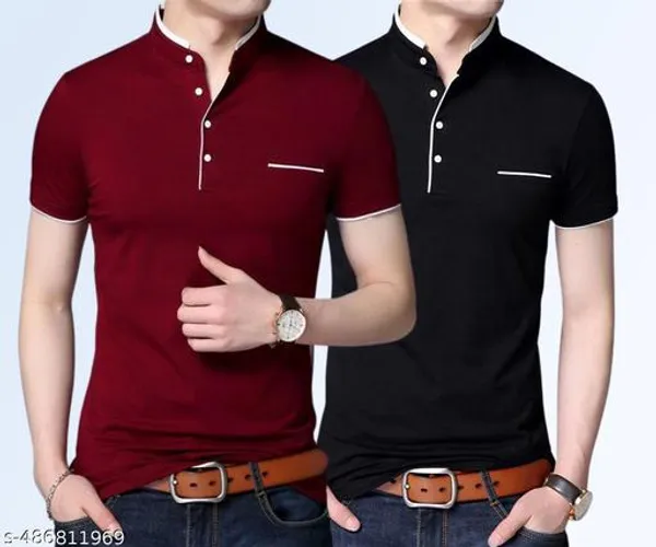 Lets_Shine_Stylish_And_Handsome_Mandarin_Collar_Half_Sleeve_T_Shirt_For_Men_Combo_Pack_Of_2_Colour_Mroon_Black