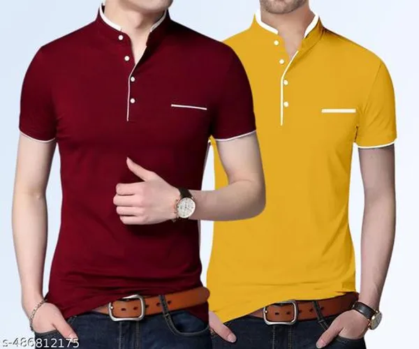 Maroon_And_Yellow_Cotton_Mandarin_Collar_T_Shirt_Pack_Of_2_For_Men