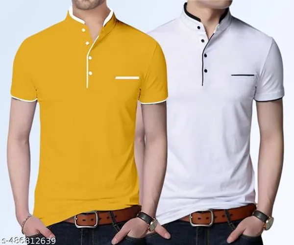Lets_Shine_Stylish_And_Handsome_Mandarin_Collar_Half_Sleeve_T_Shirt_For_Men_Combo_Pack_Of_2_Colour_Yellow_White