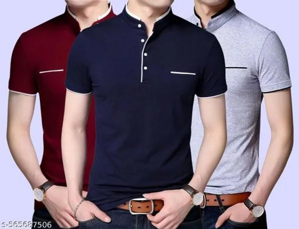 Lets_Shine_And_Handsome_Mandarin_Collar_Half_Sleeve_T_Shirt_For_Men_Used_For_Regular_Formal_Casual_Partywear_With_Combo_Pack_Of_3_Colour_Grey_Navyblue_Mroon