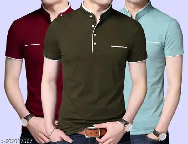 Lets_Shine_And_Handsome_Mandarin_Collar_Half_Sleeve_T_Shirt_For_Men_Used_For_Regular_Formal_Casual_Partywear_With_Combo_Pack_Of_3_Colour_Mroon_Olive_Seagreen