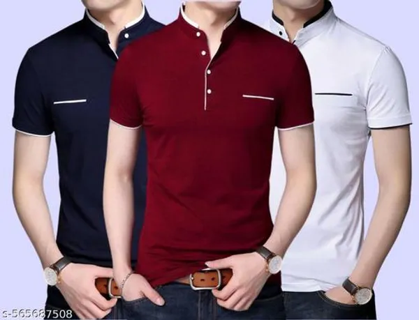 Lets_Shine_And_Handsome_Mandarin_Collar_Half_Sleeve_T_Shirt_For_Men_Used_For_Regular_Formal_Casual_Partywear_With_Combo_Pack_Of_3_Colour_Navyblue_Mroon_White
