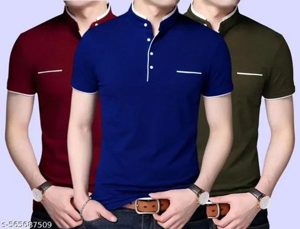 Lets_Shine_And_Handsome_Mandarin_Collar_Half_Sleeve_T_Shirt_For_Men_Used_For_Regular_Formal_Casual_Partywear_With_Combo_Pack_Of_3_Colour_Blue_Olive_Mroon