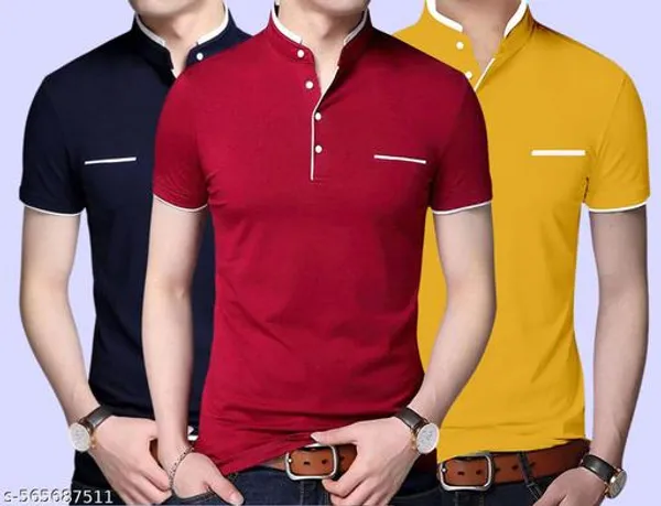 Lets_Shine_And_Handsome_Mandarin_Collar_Half_Sleeve_T_Shirt_For_Men_Used_For_Regular_Formal_Casual_Partywear_With_Combo_Pack_Of_3_Colour_Red_Yellow_Navyblue